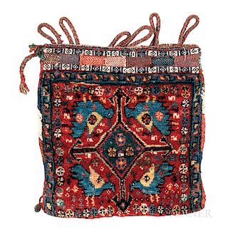 Qashqai Pushti Bag, southwestern Iran, c. 1900, featuring a bird design, 12 in. x 11 in.  Provenance:  The Cadle Collection.