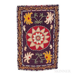 Shakhriszab Silk Suzani Pillow Cover, Central Asia, 19th century, mounted, 2 ft. 10 in. x 1 ft. 10 in.