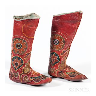 Uzbek Leather Boots, Central Asia, late 19th century, with applique and embroidery, ht. 17 in.