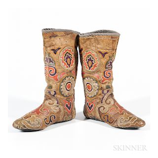 Uzbek Leather Boots, Central Asia, c. 1920, applique and embroidery, ht. 13 in.
