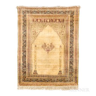 Tabriz Silk Prayer Rug, northwestern Iran, c. 1890, 5 ft. 5 in. x 4 ft. 1 in.  Provenance:  The Cadle Collection.