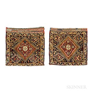 Pair of Qashqai Bags, southwestern Iran, c. 1900, 1 ft. 9 in. x 1 ft. 9 in.   Provenance:  The Cadle Collection.