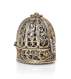A Silver-Gilt Filigree "Bird Cage" Thimble Holder, Height 7/8 inch.