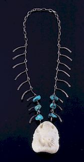 Navajo Carved Bone Pendant & Turquoise Necklace