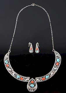 Silver Turquoise & Coral Necklace and Earrings