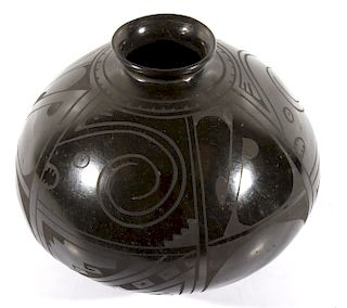 Signed Santa Clara Black Polychrome Pottery Jar