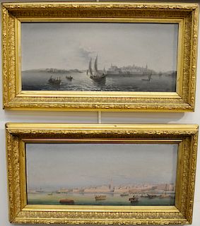 Girolamo Gianni (1837-1895), pair of oil on board, "Valletta Malta by Moonlight" and "City of Valletta, Island off Malta from the Marsamxetts Harbor",