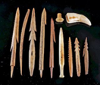 11 Inuit Bone, Wood, Antler, & Tooth Harpoon Parts
