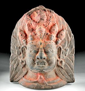 19th C. Nepalese Terracotta Bhairava Mask w/ Puja