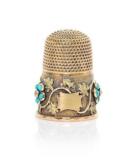 An Early Victorian Vari-Color Gold and Turquoise Thimble, Height 7/8 inch.