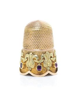 A William IV or Victorian Vari-Color Gold and Gem-Mounted Thimble, Height 7/8 inch.