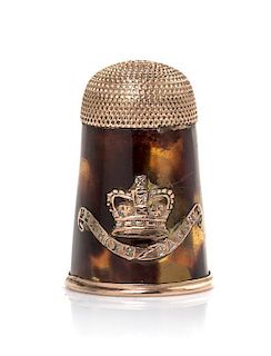 A Rare Regency Rose Gold and Tortoise Shell "Piercy's Patent" Thimble, Height 1 1/4 inches.