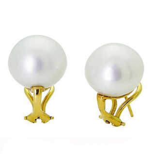 18k Yellow Gold 14mm Cultured Pearl Earrings