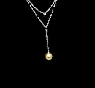 14k Gold 12mm Pearl Diamond Double Pendant & Necklace