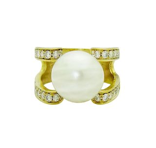18K Designer Diamond and Pearl Ring size 10
