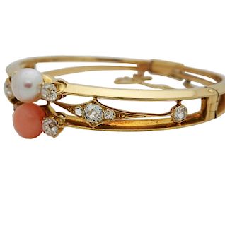 Antique 18K Gold natural Pearl, Coral Diamond Bracelet