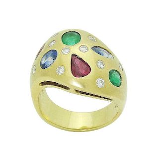 18k Yellow Gold 3TCW Diamond Emerald Ruby Sapphire Ring