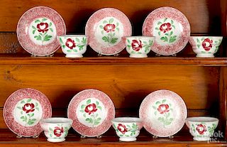 Set of six red spatter Adams Rose cups and saucers