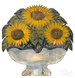 Painted urn-form fire screen of sunflowers