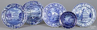 Five Staffordshire historical blue plates
