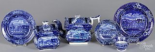 Six pieces of Staffordshire historical blue Landing of Lafayette