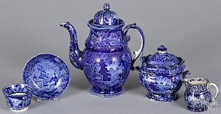 Five pieces of Staffordshire historical blue Lafayette at Franklin's Tomb