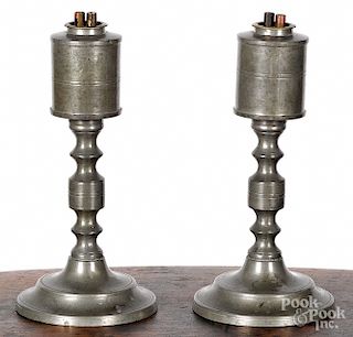 Pair of Dorchester, Massachusetts pewter oil lamps