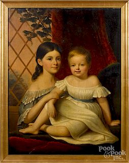 American oil on canvas portrait of two children
