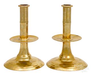 Pair of English brass trumpet candlesticks