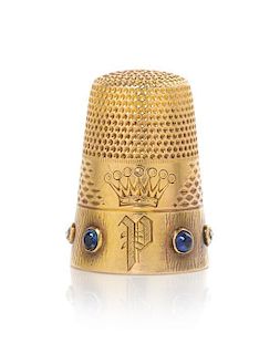 A German 14-Karat Gold, Diamond and Sapphire-Mounted Thimble, Height 1 inch.
