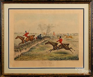 Color lithograph of a fox hunting scene, etc.