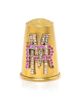 A Diamond and Ruby-Mounted Russian Gold Thimble, Height 7/8 inch.