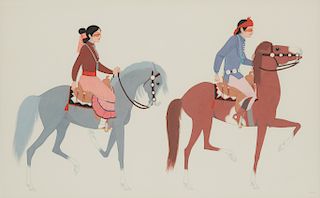 Harrison Begay (Haashkâ yah NÁyÊ), Untitled (Navajo couple on horseback)
