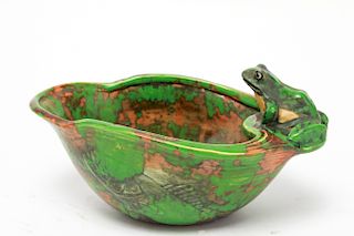 Weller Pottery Coppertone Lotus Bowl w Frog & Fish