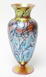 Marked Quezel Iridescent Spiral Art Glass Vase