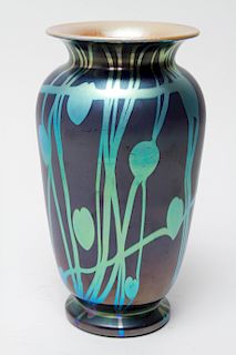 Durand Blue Iridescent Heart & Vine Art Glass Vase