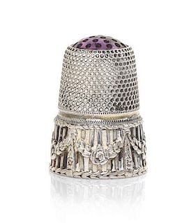 A German Silver and Amethyst-Mounted Thimble, Height 1 inch.