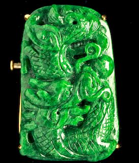18K Gold & Green Jade Carved Dragon Pendant Brooch