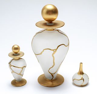 Gilt Satin Glass 2 Perfume Bottles & Funnel Set, 3