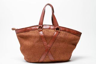 Bottega Veneta Woven Straw & Leather Handbag