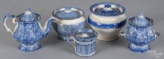 Five pieces of blue spatterware, 19th c., to include a miniature teapot, 5 1/4'' h.