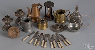Group of miniature tablewares, 19th c., to include a pewter tankard, 2'' h., a porringer