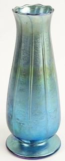 Antique Tiffany Favrile Blue Iridescent Glass Ribbed Vase.