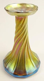 Antique Tiffany Favrile Iridescent Glass Ribbed Swirl Vase.
