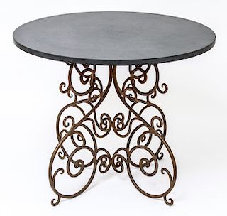 Art Deco Center Table, Stone Top & Iron Scrollwork