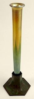 Antique Tiffany Favrile Pulled Feather Stick Vase Set in Tiffany Studios Bronze Base.