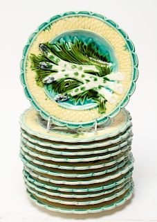 French Majolica Asparagus Plates, Set of 12