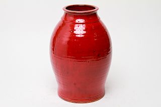 Signed "Owens" Art Pottery Red Glazed Jug