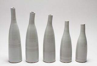 Art Pottery Bud Vases w White Glaze, Set of 5