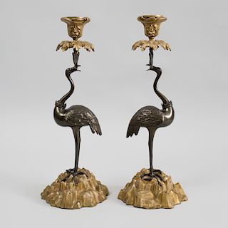 Pair of Regency Style Bronze and Gilt-Metal Crane Form Candlesticks